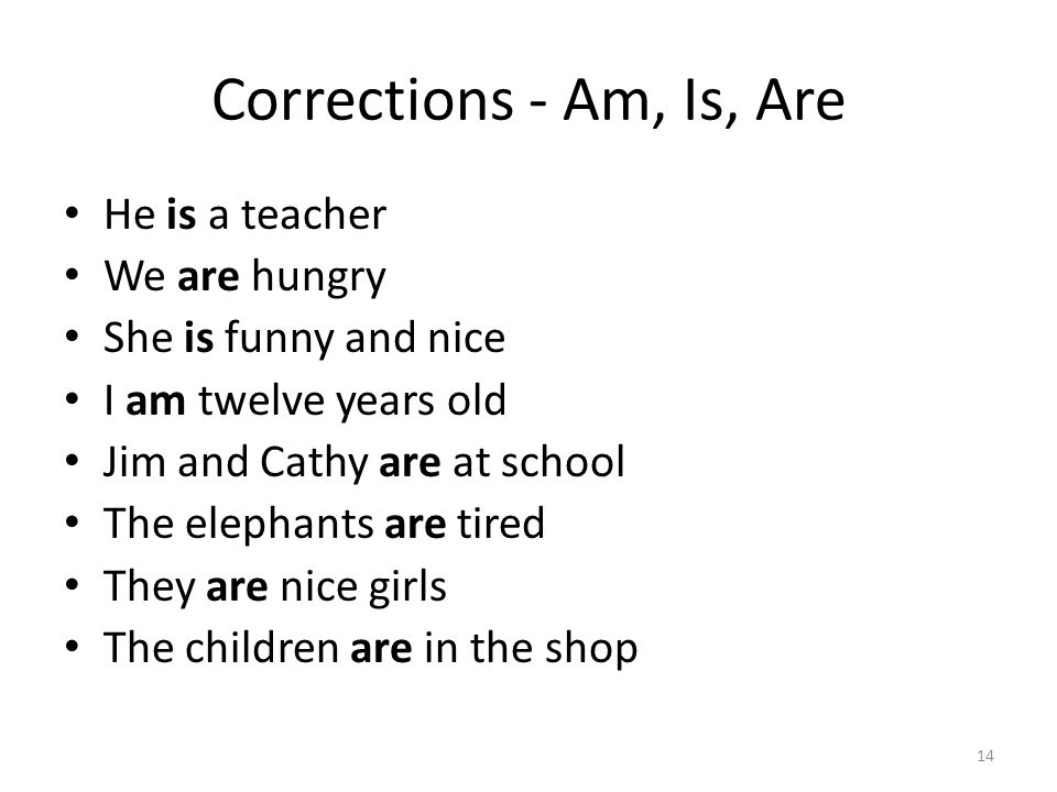 Corrections - Am, Is, Are He is a teacher We are hungry She is funny and nice I am twelve years old Jim and Cathy are at school The elephants are tired They are nice girls The children are in the shop 14