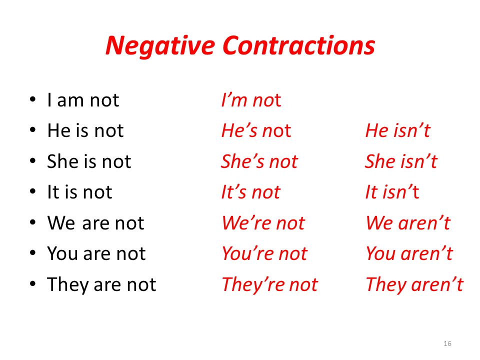 Negative Contractions I am notI’m not He is notHe’s notHe isn’t She is notShe’s notShe isn’t It is notIt’s notIt isn’t We are notWe’re notWe aren’t You are notYou’re notYou aren’t They are notThey’re notThey aren’t 16