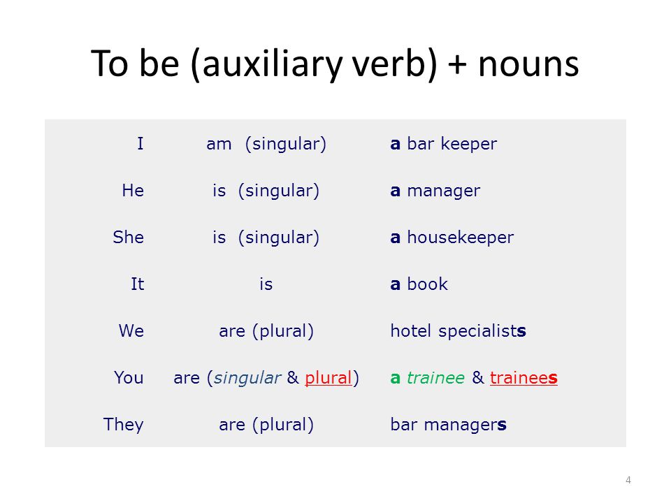 To be (auxiliary verb) + nouns Iam (singular)a bar keeper Heis (singular)a manager Sheis (singular)a housekeeper Itisa book Weare (plural)hotel specialists Youare (singular & plural)a trainee & trainees Theyare (plural)bar managers 4