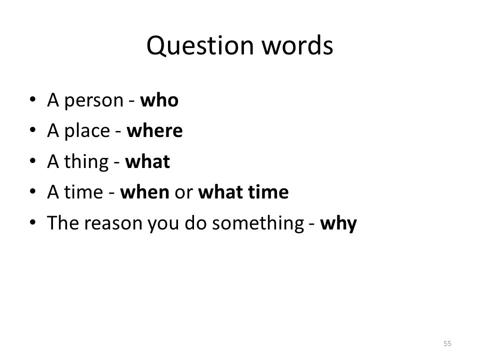 Question words A person - who A place - where A thing - what A time - when or what time The reason you do something - why 55