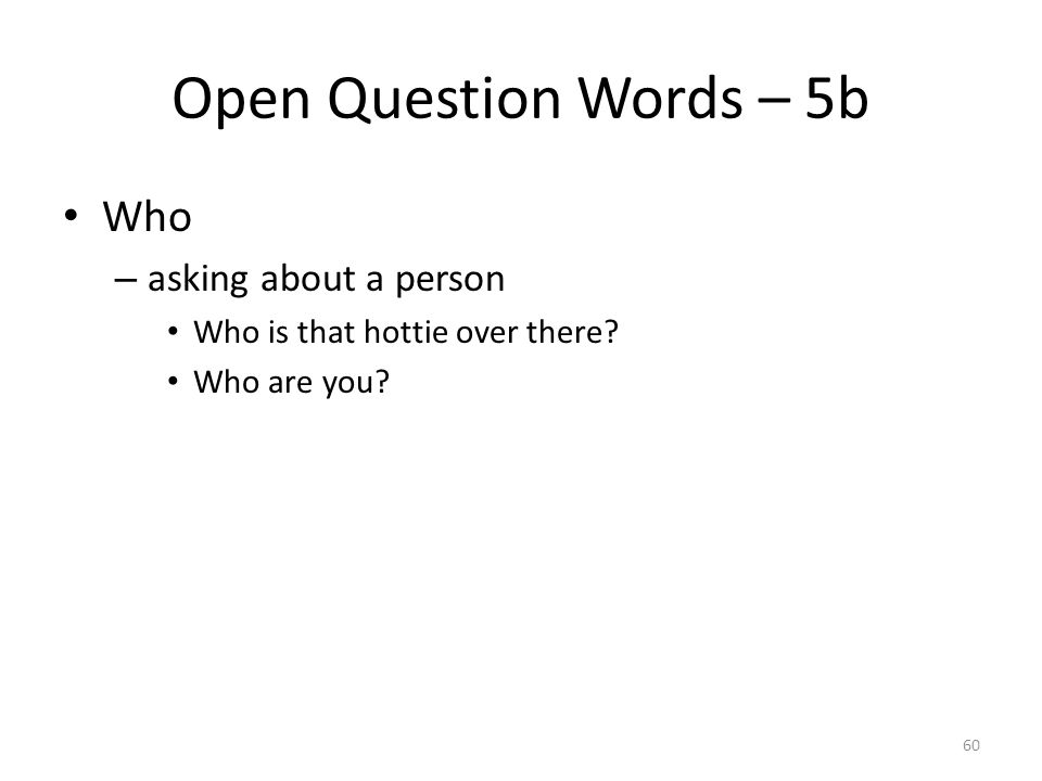 Open Question Words – 5b Who – asking about a person Who is that hottie over there Who are you 60