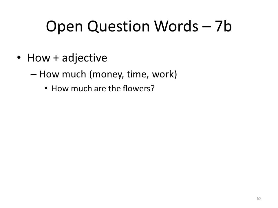 Open Question Words – 7b How + adjective – How much (money, time, work) How much are the flowers.
