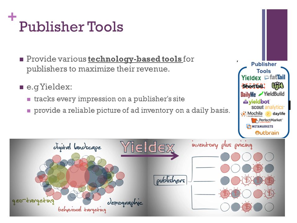 + Publisher Tools Provide various technology-based tools for publishers to maximize their revenue.