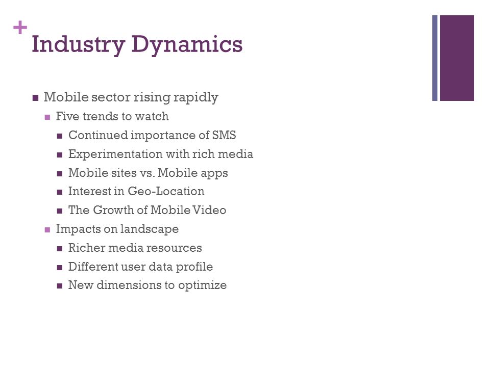 + Industry Dynamics Mobile sector rising rapidly Five trends to watch Continued importance of SMS Experimentation with rich media Mobile sites vs.