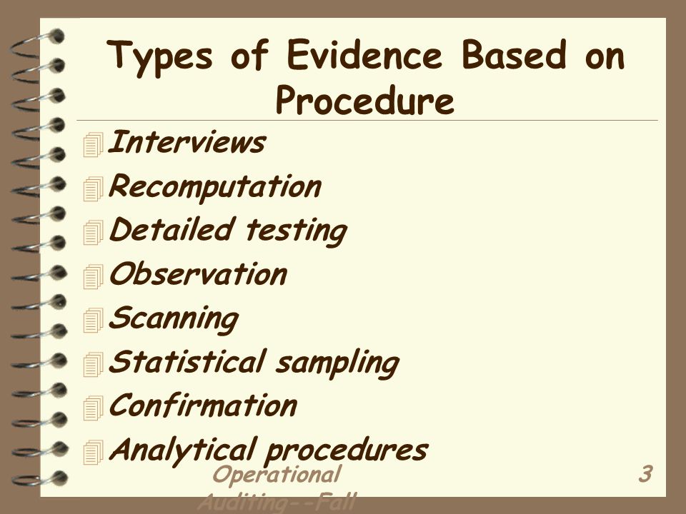Operational Auditing--Fall Types of Evidence Based on Procedure 4 Interviews 4 Recomputation 4 Detailed testing 4 Observation 4 Scanning 4 Statistical sampling 4 Confirmation 4 Analytical procedures