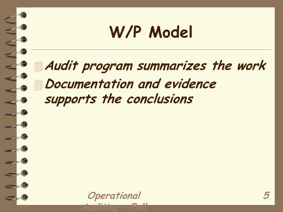 Operational Auditing--Fall W/P Model 4 Audit program summarizes the work 4 Documentation and evidence supports the conclusions