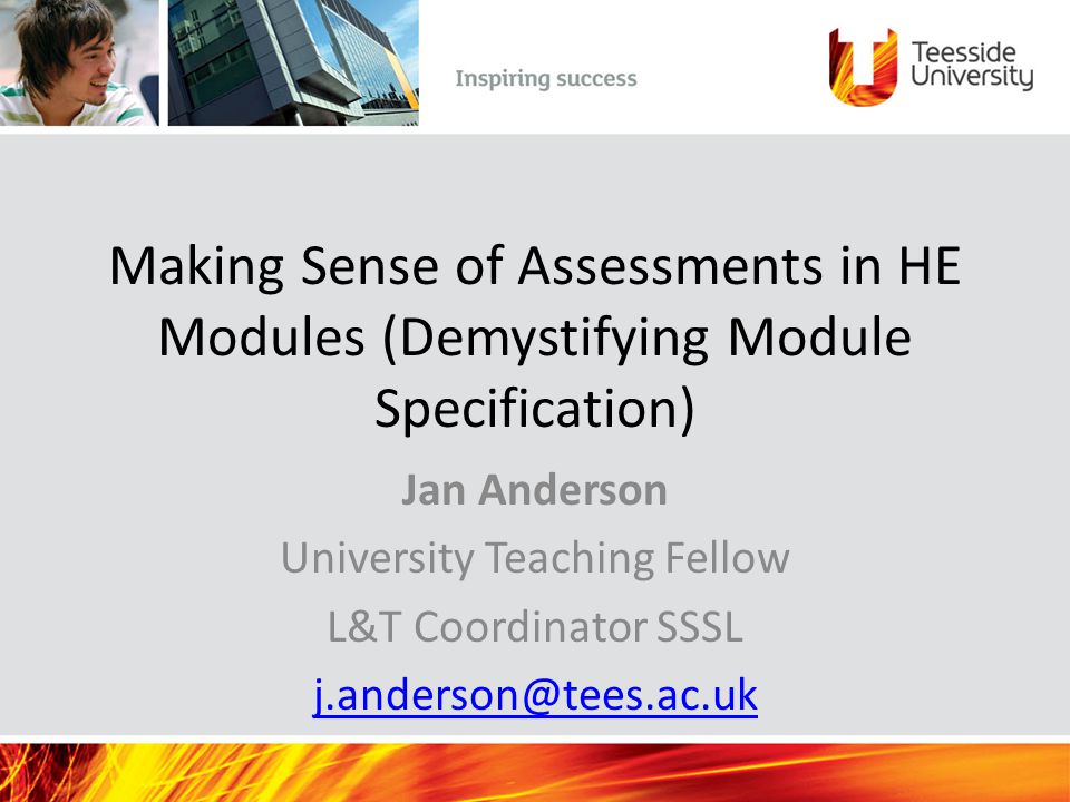 Making Sense of Assessments in HE Modules (Demystifying Module Specification) Jan Anderson University Teaching Fellow L&T Coordinator SSSL