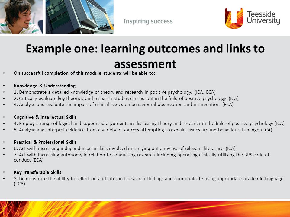Example one: learning outcomes and links to assessment On successful completion of this module students will be able to: Knowledge & Understanding 1.