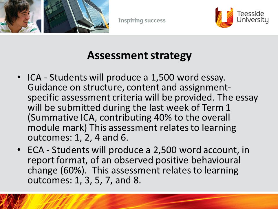 Assessment strategy ICA - Students will produce a 1,500 word essay.