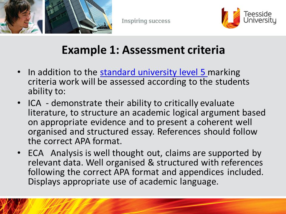 Example 1: Assessment criteria In addition to the standard university level 5 marking criteria work will be assessed according to the students ability to:standard university level 5 ICA - demonstrate their ability to critically evaluate literature, to structure an academic logical argument based on appropriate evidence and to present a coherent well organised and structured essay.
