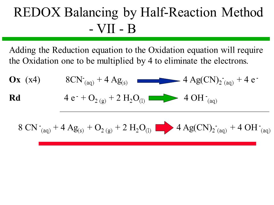 REDOX Balancing by Half-Reaction Method - VII - B Adding the Reduction equation to the Oxidation equation will require the Oxidation one to be multiplied by 4 to eliminate the electrons.