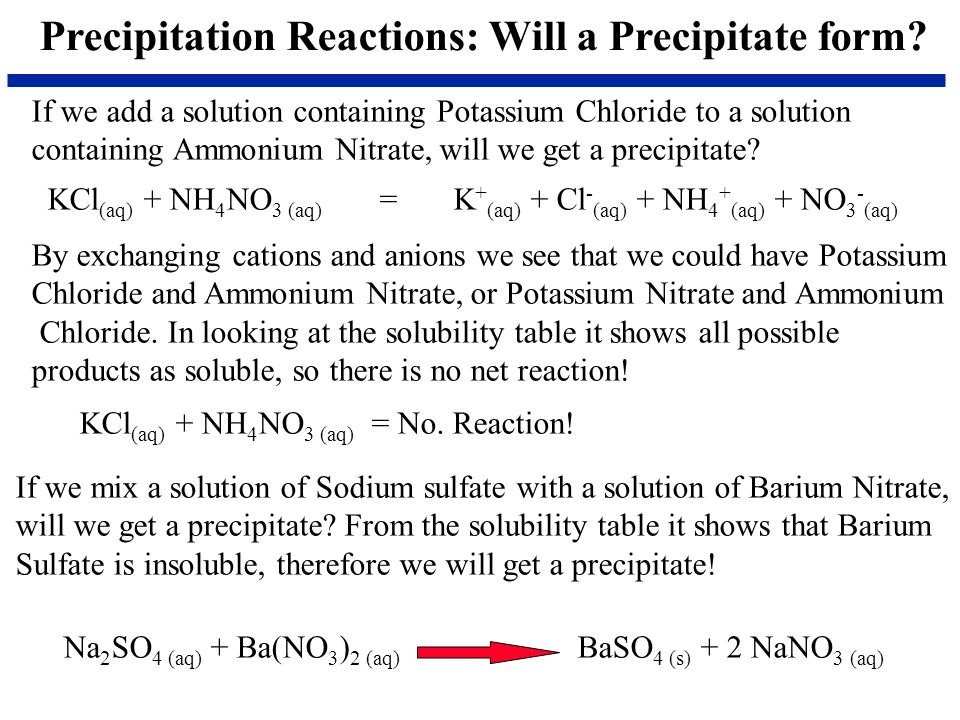 Precipitation Reactions: Will a Precipitate form.