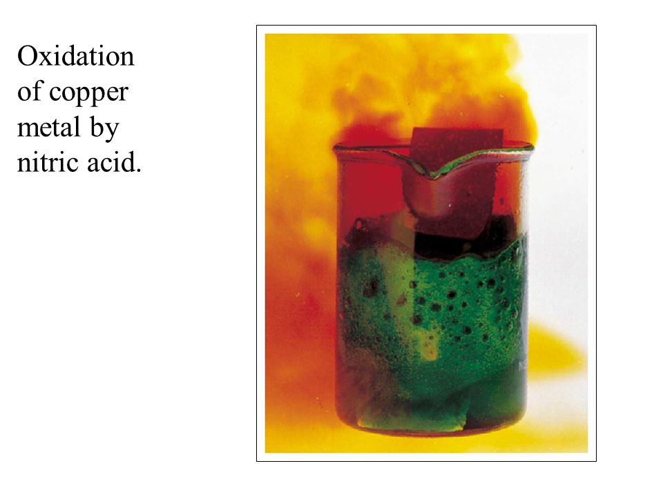 Oxidation of copper metal by nitric acid.