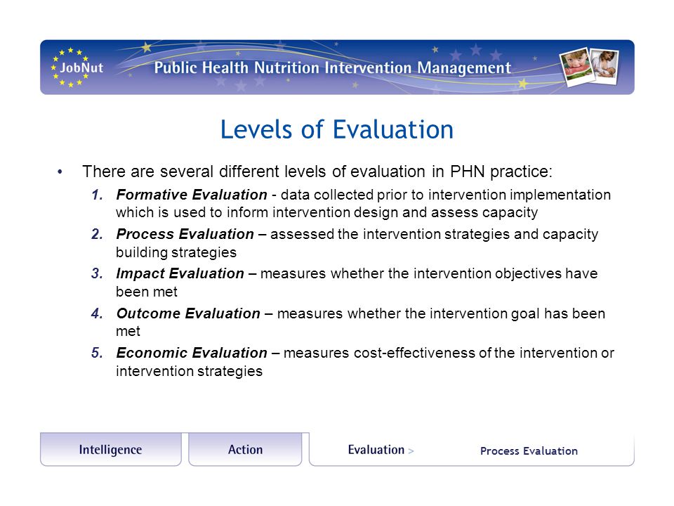 Process Evaluation Levels of Evaluation There are several different levels of evaluation in PHN practice: 1.Formative Evaluation - data collected prior to intervention implementation which is used to inform intervention design and assess capacity 2.Process Evaluation – assessed the intervention strategies and capacity building strategies 3.Impact Evaluation – measures whether the intervention objectives have been met 4.Outcome Evaluation – measures whether the intervention goal has been met 5.Economic Evaluation – measures cost-effectiveness of the intervention or intervention strategies