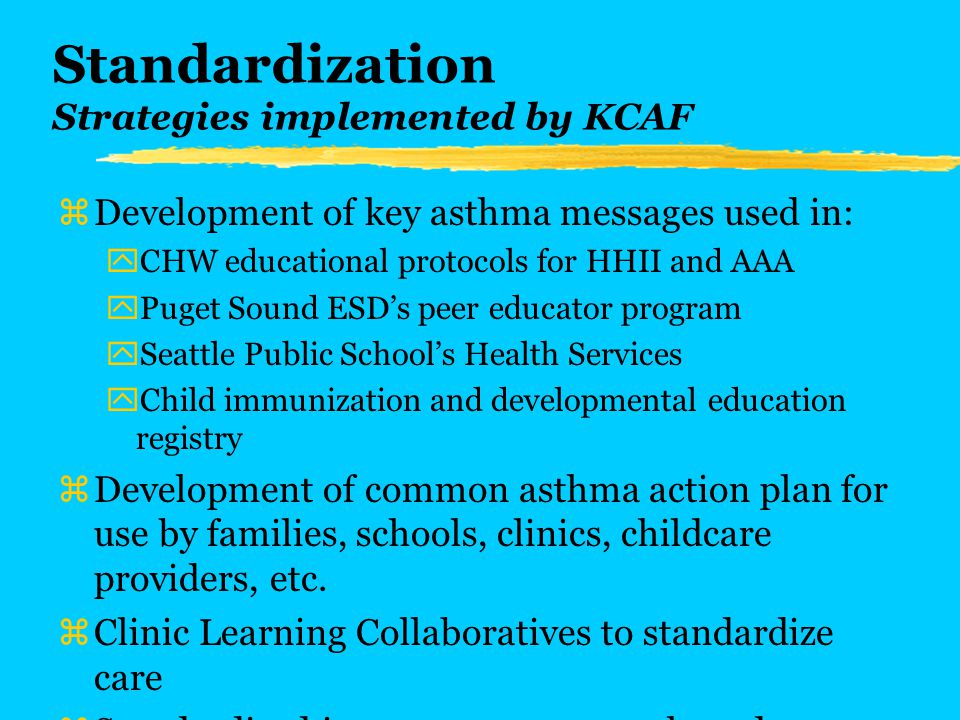 Standardization Strategies implemented by KCAF zDevelopment of key asthma messages used in: yCHW educational protocols for HHII and AAA yPuget Sound ESD’s peer educator program ySeattle Public School’s Health Services yChild immunization and developmental education registry zDevelopment of common asthma action plan for use by families, schools, clinics, childcare providers, etc.