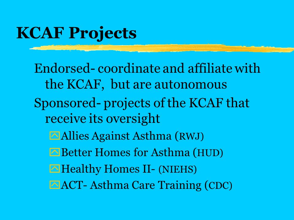 KCAF Projects Endorsed- coordinate and affiliate with the KCAF, but are autonomous Sponsored- projects of the KCAF that receive its oversight yAllies Against Asthma ( RWJ) yBetter Homes for Asthma ( HUD) yHealthy Homes II- (NIEHS) yACT- Asthma Care Training ( CDC)
