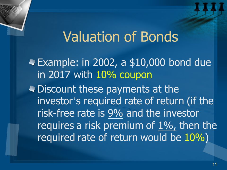 11 Valuation of Bonds Example: in 2002, a $10,000 bond due in 2017 with 10% coupon Discount these payments at the investor ’ s required rate of return (if the risk-free rate is 9% and the investor requires a risk premium of 1%, then the required rate of return would be 10%)