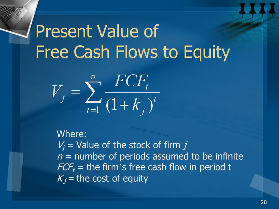 28 Present Value of Free Cash Flows to Equity Where: V j = Value of the stock of firm j n = number of periods assumed to be infinite FCF t = the firm ’ s free cash flow in period t K j = the cost of equity