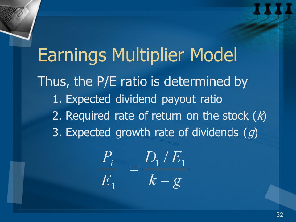 32 Earnings Multiplier Model Thus, the P/E ratio is determined by 1.