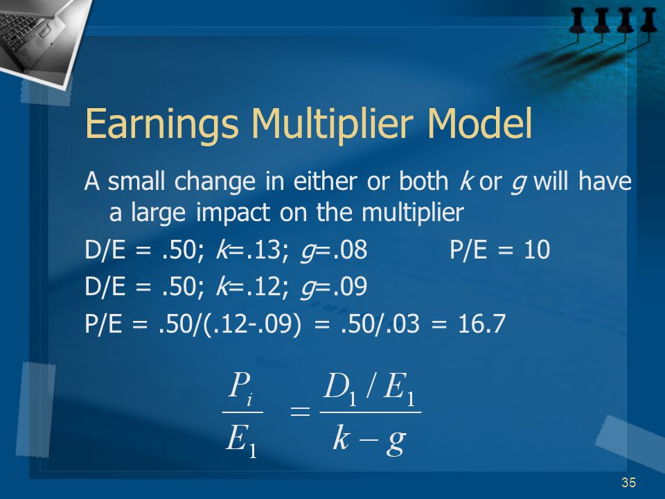 35 Earnings Multiplier Model A small change in either or both k or g will have a large impact on the multiplier D/E =.50; k=.13; g=.08 P/E = 10 D/E =.50; k=.12; g=.09 P/E =.50/( ) =.50/.03 = 16.7