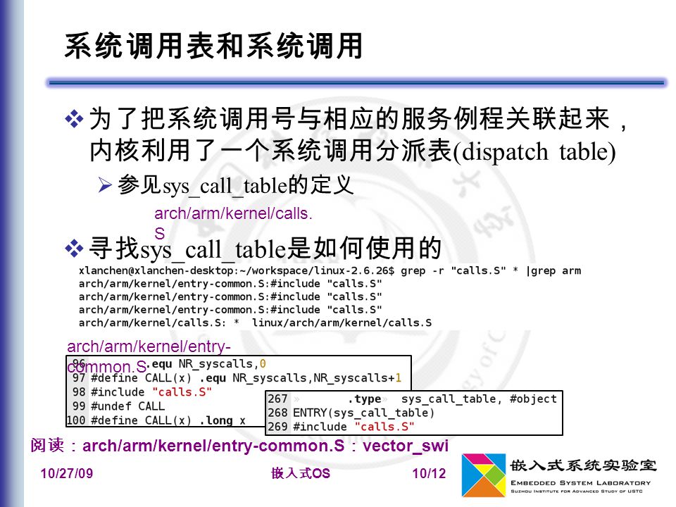 10/27/09 嵌入式 OS 10/12 系统调用表和系统调用  为了把系统调用号与相应的服务例程关联起来， 内核利用了一个系统调用分派表 (dispatch table)  参见 sys_call_table 的定义  寻找 sys_call_table 是如何使用的 arch/arm/kernel/calls.