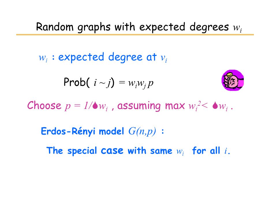 w i : expected degree at v i Random graphs with expected degrees w i Prob( i ~ j ) = w i w j p Erdos-Rényi model G(n,p) : The special case with same w i for all i.