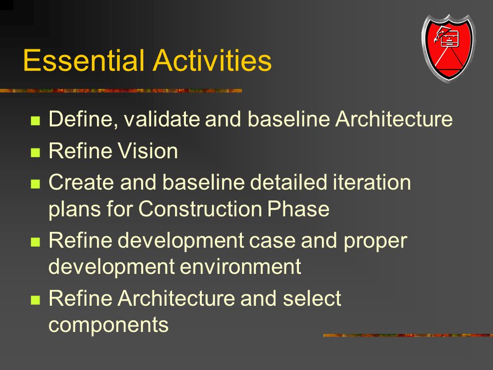 Essential Activities Define, validate and baseline Architecture Refine Vision Create and baseline detailed iteration plans for Construction Phase Refine development case and proper development environment Refine Architecture and select components