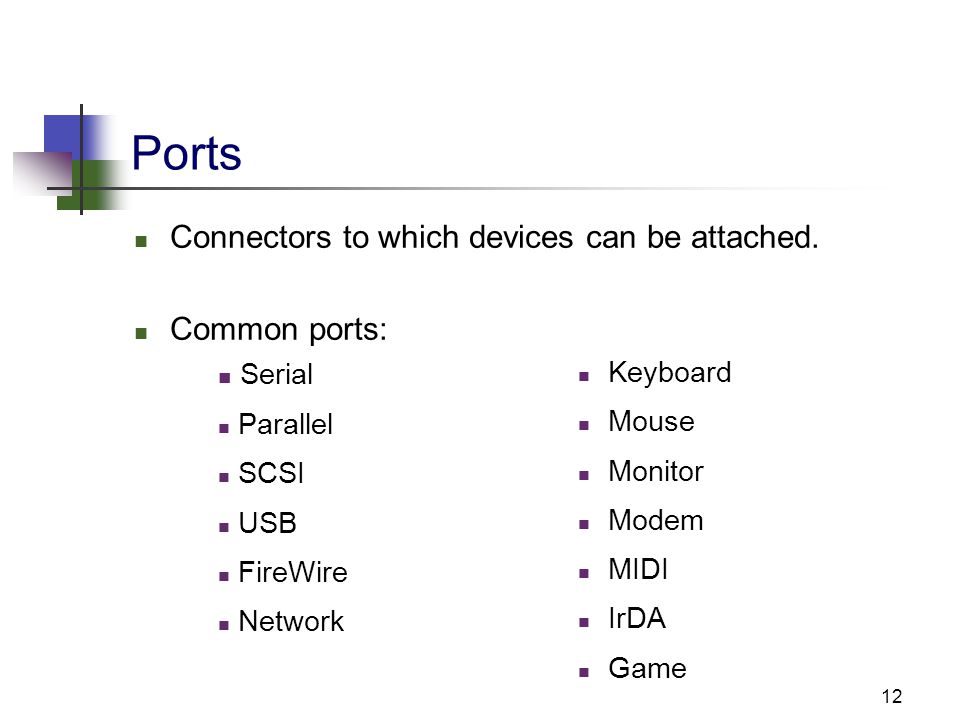 12 Ports Connectors to which devices can be attached.