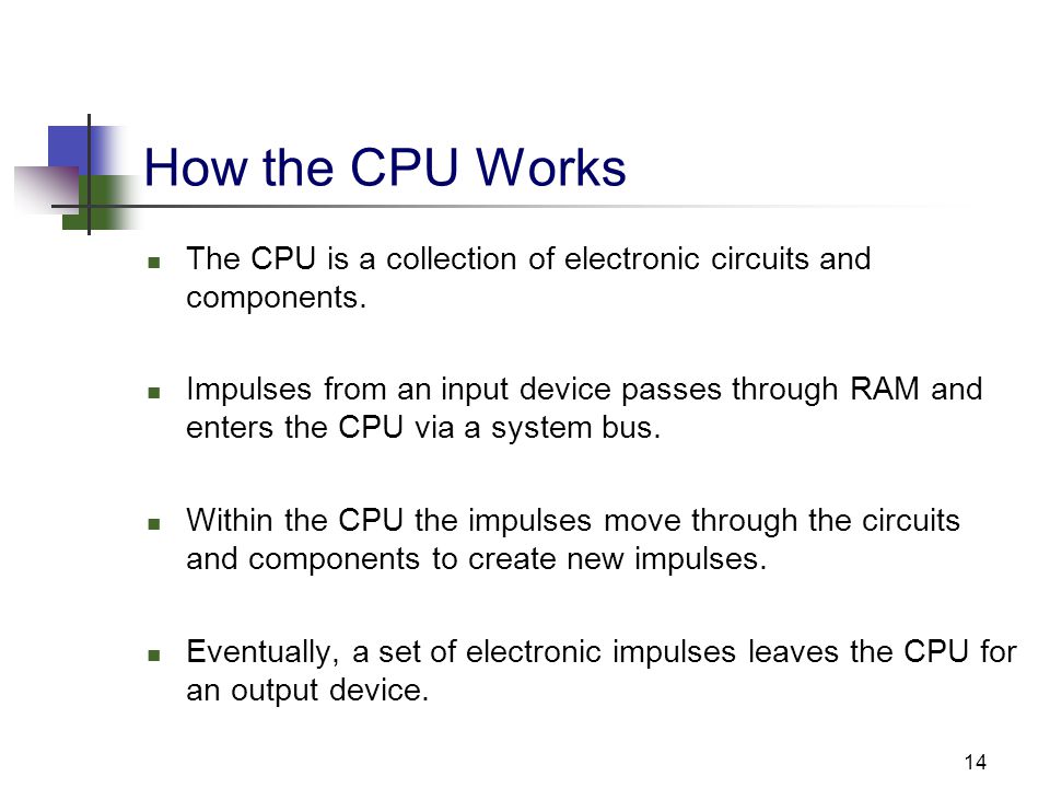 14 How the CPU Works The CPU is a collection of electronic circuits and components.