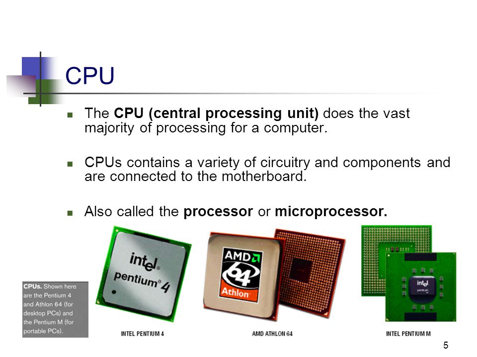 5 CPU The CPU (central processing unit) does the vast majority of processing for a computer.