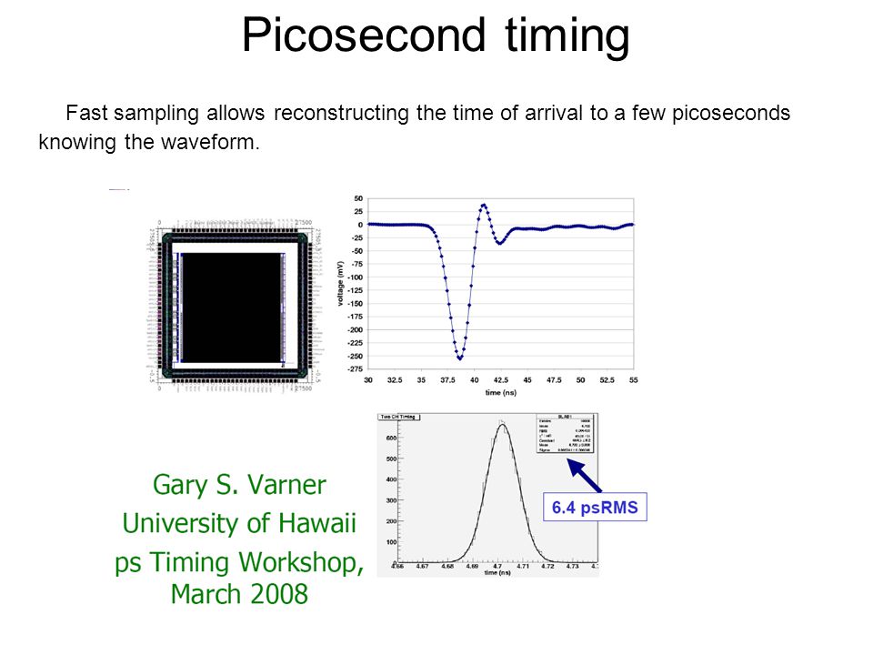 Picosecond timing Fast sampling allows reconstructing the time of arrival to a few picoseconds knowing the waveform.
