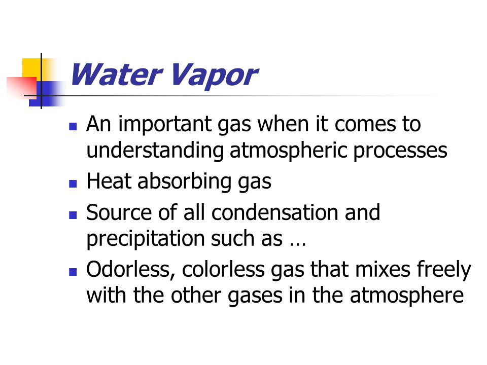 Water Vapor An important gas when it comes to understanding atmospheric processes Heat absorbing gas Source of all condensation and precipitation such as … Odorless, colorless gas that mixes freely with the other gases in the atmosphere