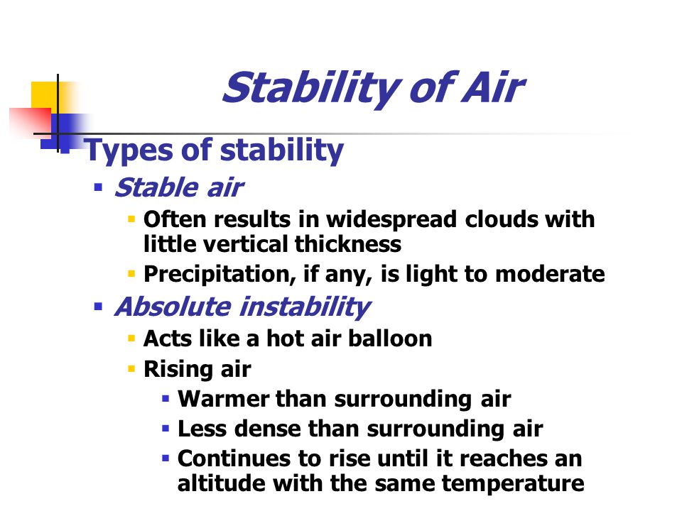 Stability of Air  Types of stability  Stable air  Often results in widespread clouds with little vertical thickness  Precipitation, if any, is light to moderate  Absolute instability  Acts like a hot air balloon  Rising air  Warmer than surrounding air  Less dense than surrounding air  Continues to rise until it reaches an altitude with the same temperature