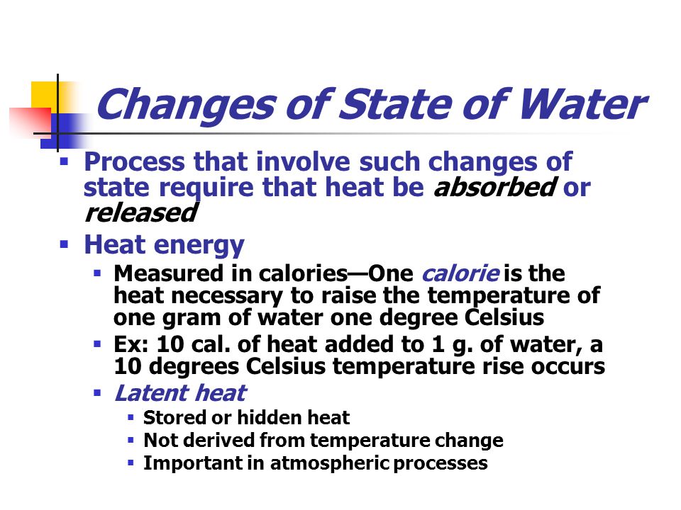 Changes of State of Water  Process that involve such changes of state require that heat be absorbed or released  Heat energy  Measured in calories—One calorie is the heat necessary to raise the temperature of one gram of water one degree Celsius  Ex: 10 cal.