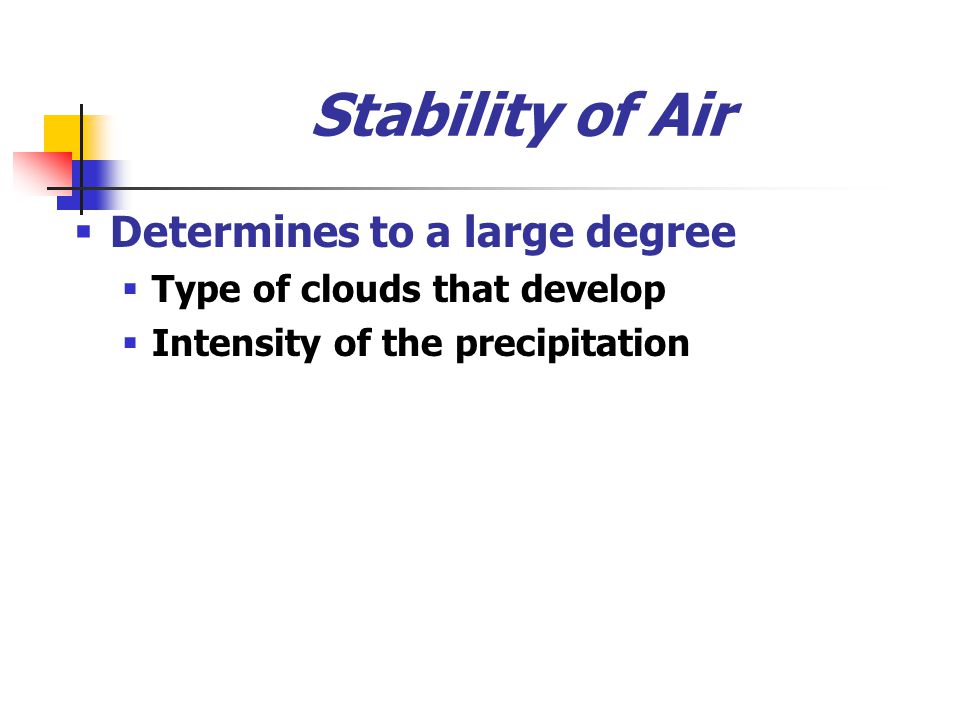 Stability of Air  Determines to a large degree  Type of clouds that develop  Intensity of the precipitation