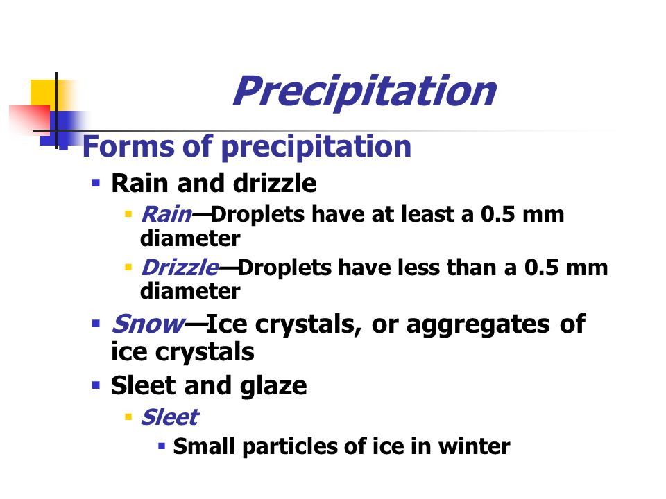 Precipitation  Forms of precipitation  Rain and drizzle  Rain—Droplets have at least a 0.5 mm diameter  Drizzle—Droplets have less than a 0.5 mm diameter  Snow—Ice crystals, or aggregates of ice crystals  Sleet and glaze  Sleet  Small particles of ice in winter