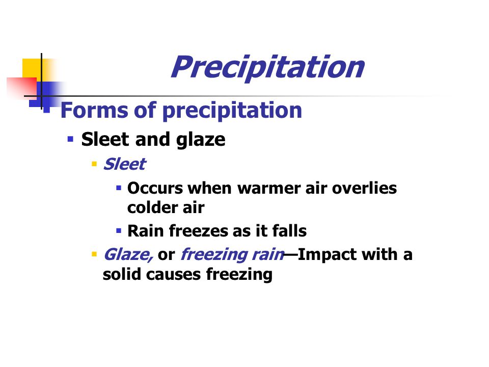 Precipitation  Forms of precipitation  Sleet and glaze  Sleet  Occurs when warmer air overlies colder air  Rain freezes as it falls  Glaze, or freezing rain—Impact with a solid causes freezing