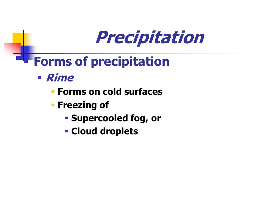 Precipitation  Forms of precipitation  Rime  Forms on cold surfaces  Freezing of  Supercooled fog, or  Cloud droplets