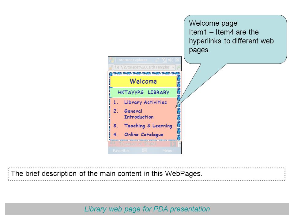 Library web page for PDA presentation The brief description of the main content in this WebPages.