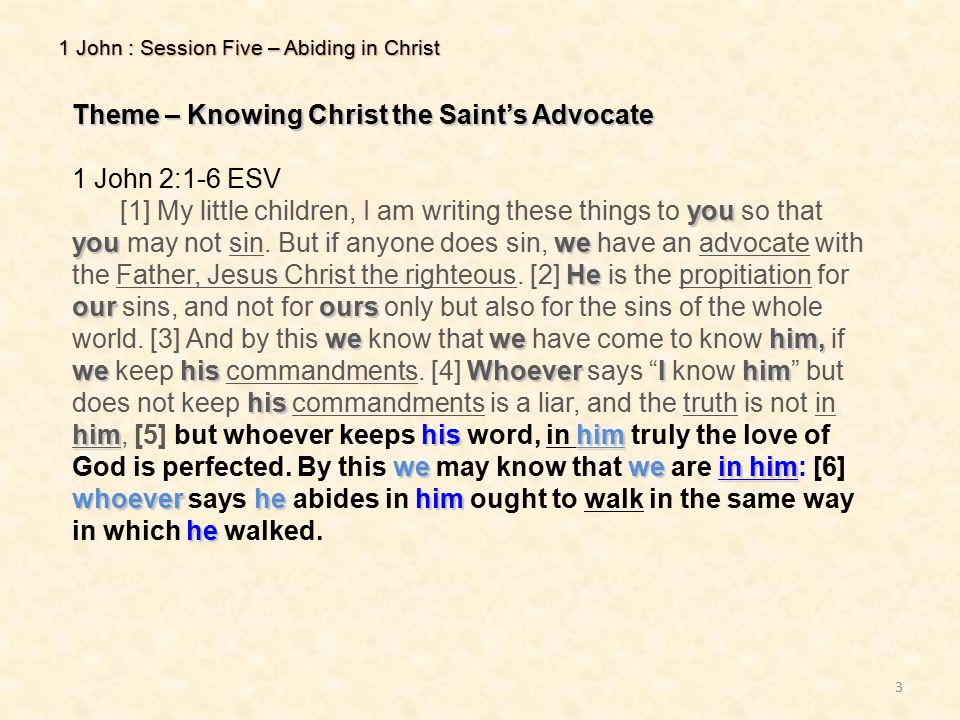 3 1 John : Session Five – Abiding in Christ Theme – Knowing Christ the Saint’s Advocate 1 John 2:1-6 ESV you youwe He ourours wewehim, wehisWhoeverIhim his himhishim wewein him whoeverhehim he [1] My little children, I am writing these things to you so that you may not sin.