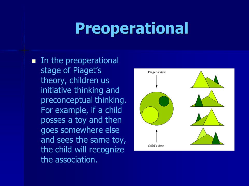 Preoperational In the preoperational stage of Piaget’s theory, children us initiative thinking and preconceptual thinking.