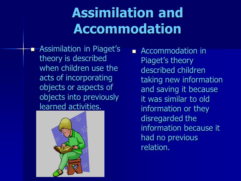 Assimilation and Accommodation Assimilation in Piaget’s theory is described when children use the acts of incorporating objects or aspects of objects into previously learned activities.