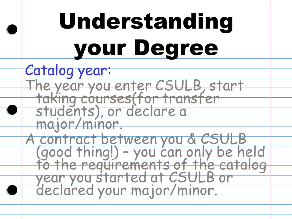 Understanding your Degree Catalog year: The year you enter CSULB, start taking courses(for transfer students), or declare a major/minor.