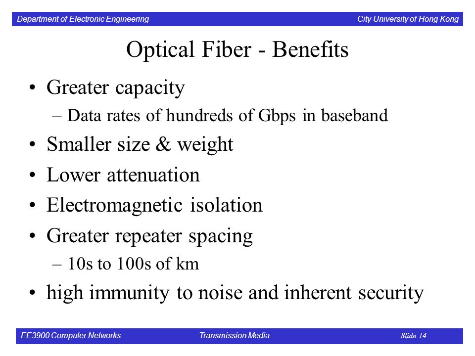 Department of Electronic Engineering City University of Hong Kong EE3900 Computer Networks Transmission Media Slide 14 Optical Fiber - Benefits Greater capacity –Data rates of hundreds of Gbps in baseband Smaller size & weight Lower attenuation Electromagnetic isolation Greater repeater spacing –10s to 100s of km high immunity to noise and inherent security