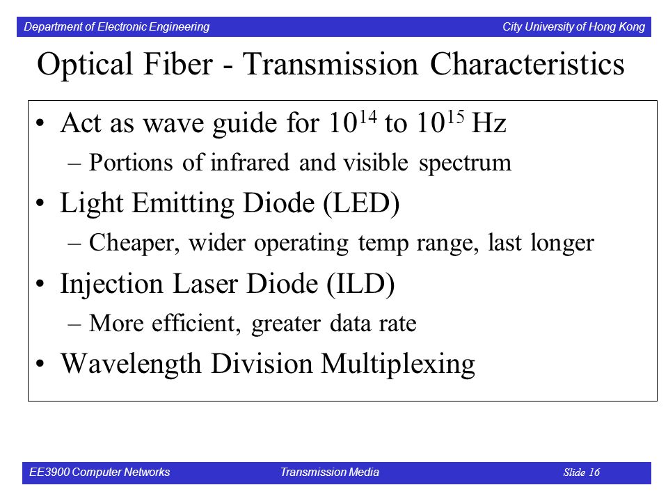Department of Electronic Engineering City University of Hong Kong EE3900 Computer Networks Transmission Media Slide 16 Optical Fiber - Transmission Characteristics Act as wave guide for to Hz –Portions of infrared and visible spectrum Light Emitting Diode (LED) –Cheaper, wider operating temp range, last longer Injection Laser Diode (ILD) –More efficient, greater data rate Wavelength Division Multiplexing