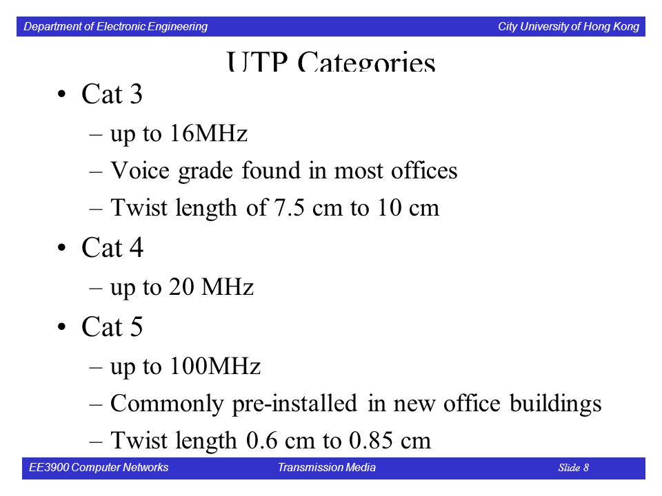 Department of Electronic Engineering City University of Hong Kong EE3900 Computer Networks Transmission Media Slide 8 UTP Categories Cat 3 –up to 16MHz –Voice grade found in most offices –Twist length of 7.5 cm to 10 cm Cat 4 –up to 20 MHz Cat 5 –up to 100MHz –Commonly pre-installed in new office buildings –Twist length 0.6 cm to 0.85 cm