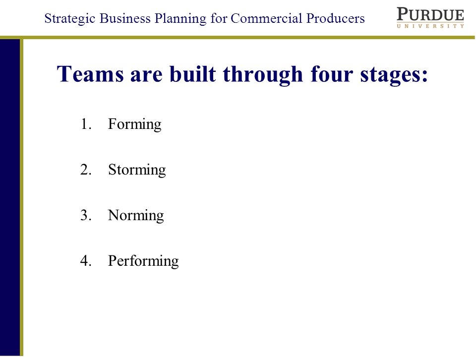Strategic Business Planning for Commercial Producers Teams are built through four stages: 1.Forming 2.Storming 3.Norming 4.Performing