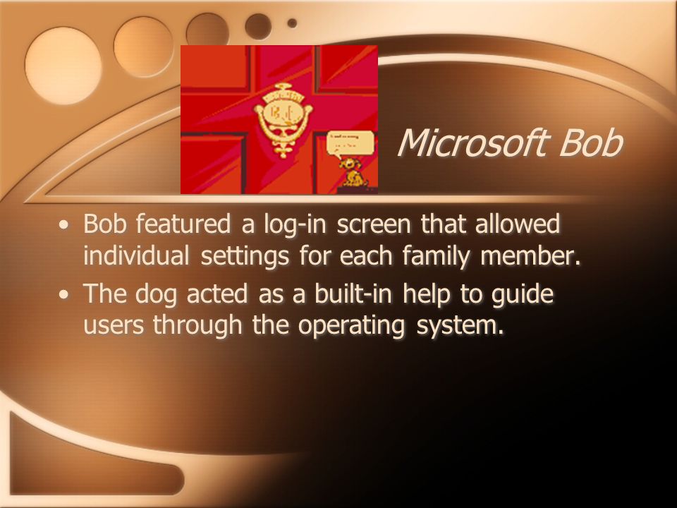 Microsoft Bob Bob featured a log-in screen that allowed individual settings for each family member.