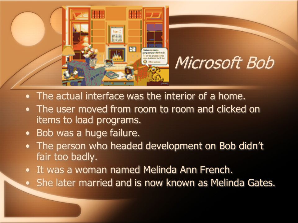 Microsoft Bob The actual interface was the interior of a home.