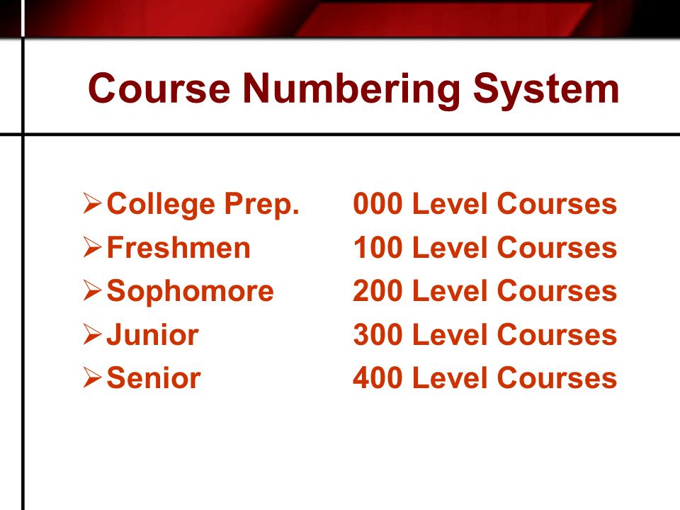 Course Numbering System  College Prep.000 Level Courses  Freshmen 100 Level Courses  Sophomore200 Level Courses  Junior300 Level Courses  Senior400 Level Courses